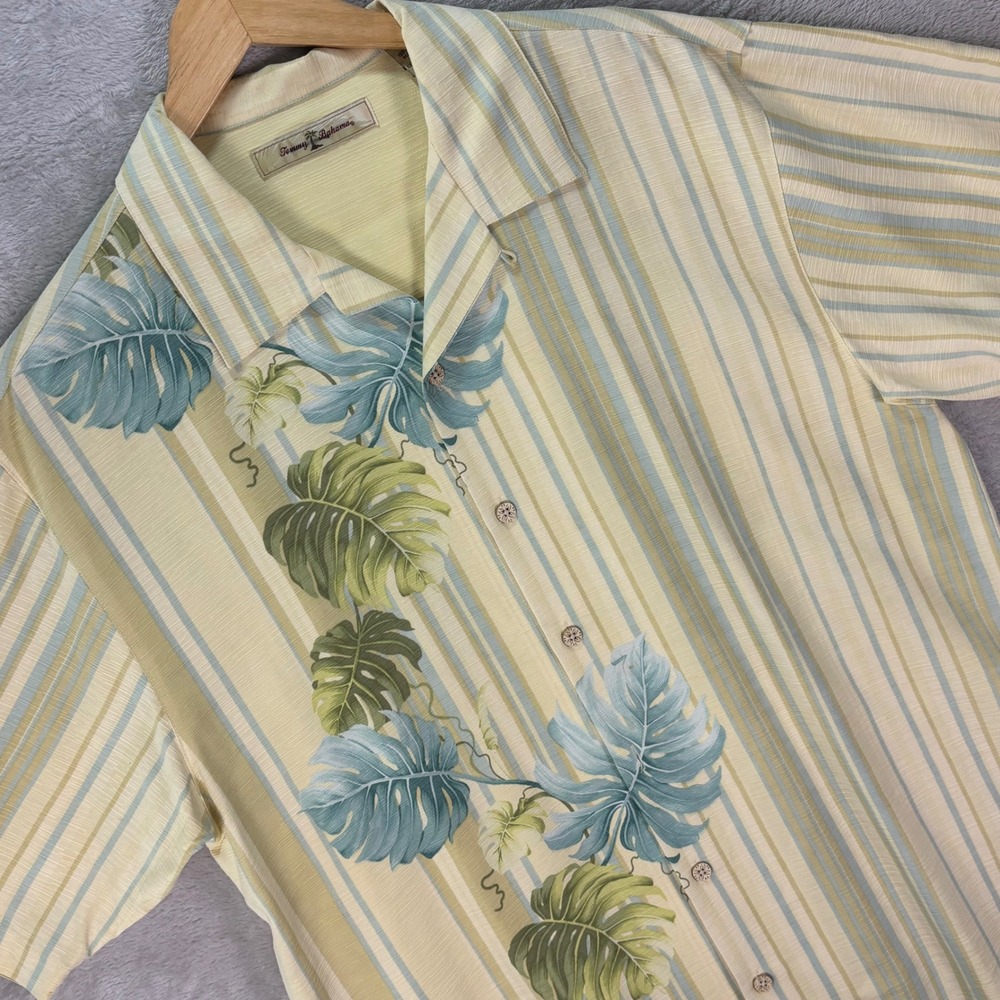 Tommy‎ Bahama Men's Silk Hawaiian Shirt Yellow Blue Stripe Leaf Print Sz M